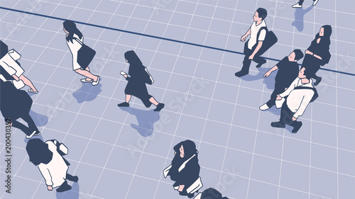 Illustration of people commuters walking in  urban public transport station platform