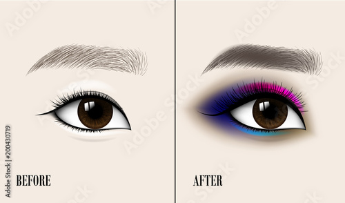 Beautiful Asian Woman Eye and Brow. Before and after make-up. Vector illustration.