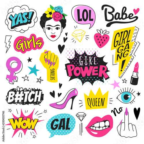 Girl Power doodle collection. Vector illustration of feminist symbols and slang words in trendy doodle style. Isolated on white. photo