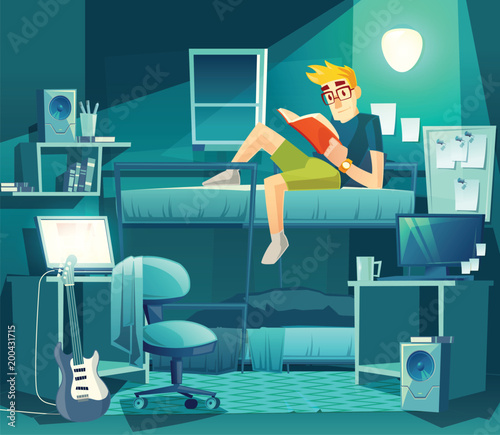 Vector dormitory room at night. Roommate on the bunk with lamp light, exam preparation. Interior with furniture, inside the student dorm. College, university small apartment.
