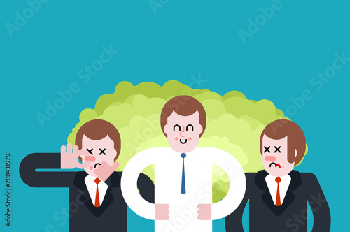 Fart in office. People are running away. Bad smell. Cloud Stench. Hold your nose with your hand