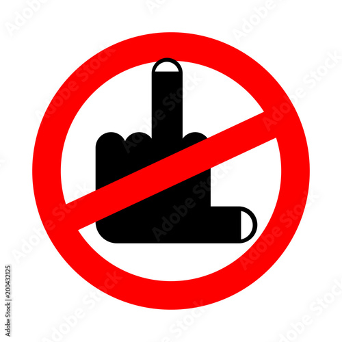 Stop Fuck. Coarseness is prohibited. Middle finger up. Red prohibition sign ban