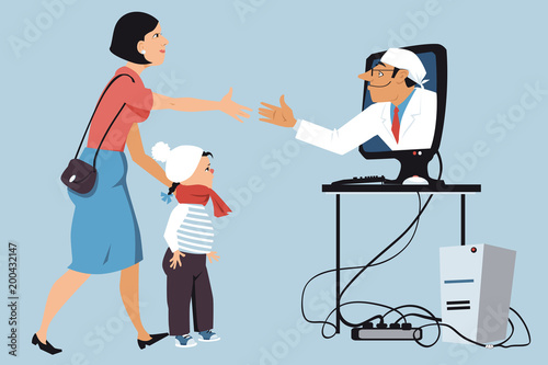Mother bringing a sick little girl to a virtual visit with a pediatrician, shaking hands with a doctor,  coming out of a computer screen, EPS 8 vector illustration