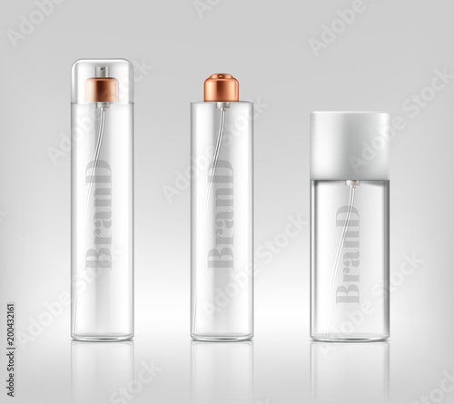 Vector promotion banner with realistic glass sprays, jars of cosmetic, gel, cream, bottles isolated on background. Skincare, beauty product for skin treatment. Mockup for brand design