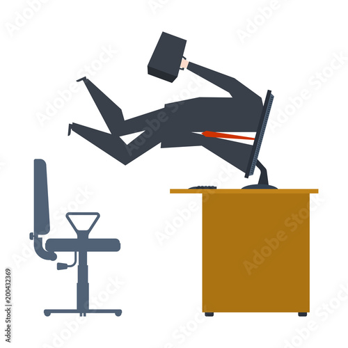 Businessman inside computer. Computer absorbed man. Vector illustration