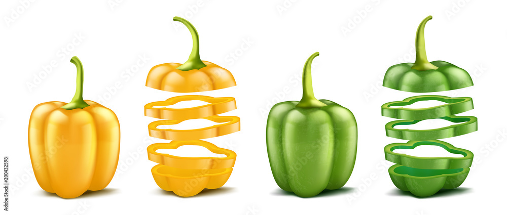 Vector realistic green and yellow bell peppers. Whole and sliced isolated on white background. Pod of sweet bulgarian pepper, ripe vegetable for cooking and eating, organic vegetarian food. Vector realistic green and yellow bell peppers. Whole and sliced isolated on white background. Pod of sweet bulgarian pepper, ripe vegetable for cooking and eating, organic vegetarian food.
