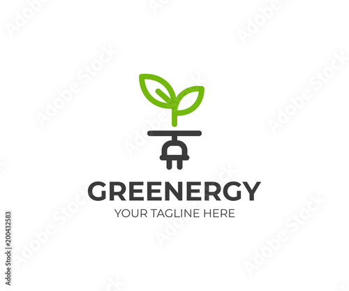Green energy logo template. Sprout and power plug vector design. Eco energy logotype