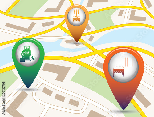 Set of tourism service map pointers on map