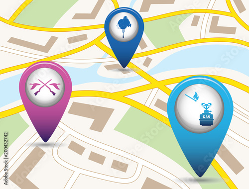 Set of tourism service map pointers on map