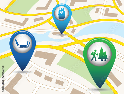 Set of tourism service map pointers on map