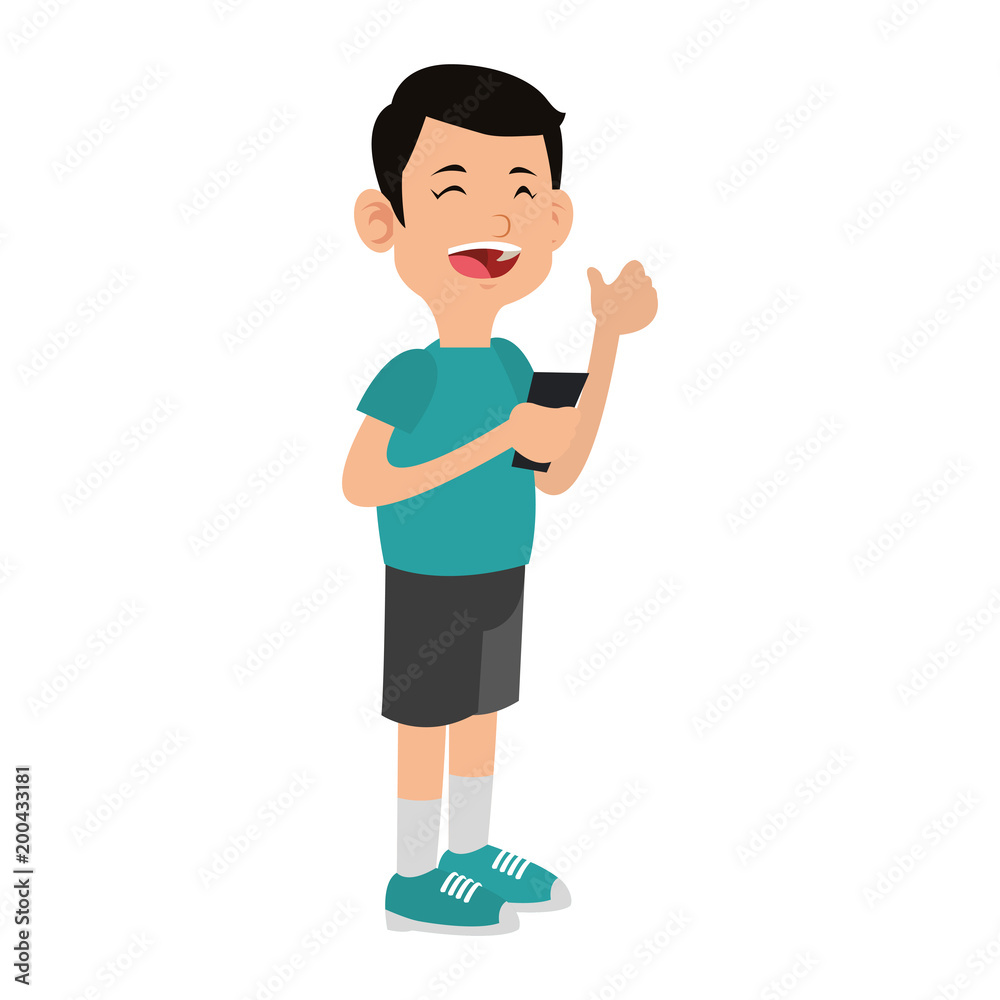 Boy playing with smartphone cartoon vector illustration graphic design
