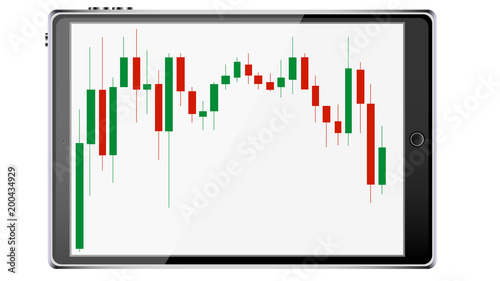 Realistic mobile smart slim tablet computer, a tablet frame with an exchange chart of price changes in the form of Japanese candles on a display isolated on white background. Vector illustration