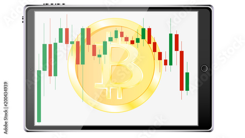 A realistic mobile smart tablet computer a coin bitcoin, a crypto currency in the background of the exchange chart of price changes in the form of Japanese candles on the display. Vector illustration