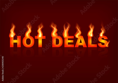 Words Hot deals with flames on the brown background. Vector illustration.