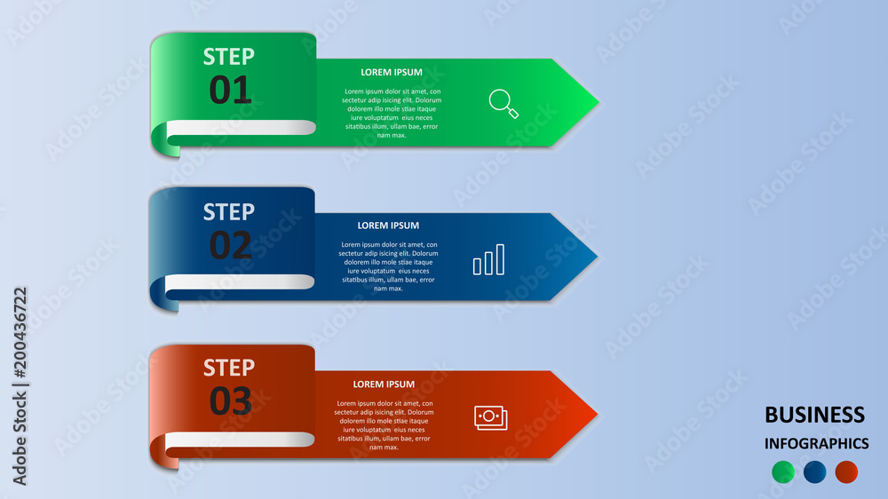 Business infographics in the form of colored arrows with text and icons. EPS 10