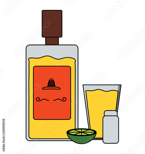 tequila bottle and shot icon over white background, colorful design. vector illustration