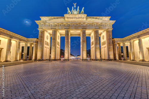 The famous illuminated Brandenburg Gate in Berlin, Germany, at night