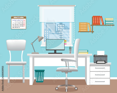 Office interior design without people. Office room with furniture and window. Working indoor room template.