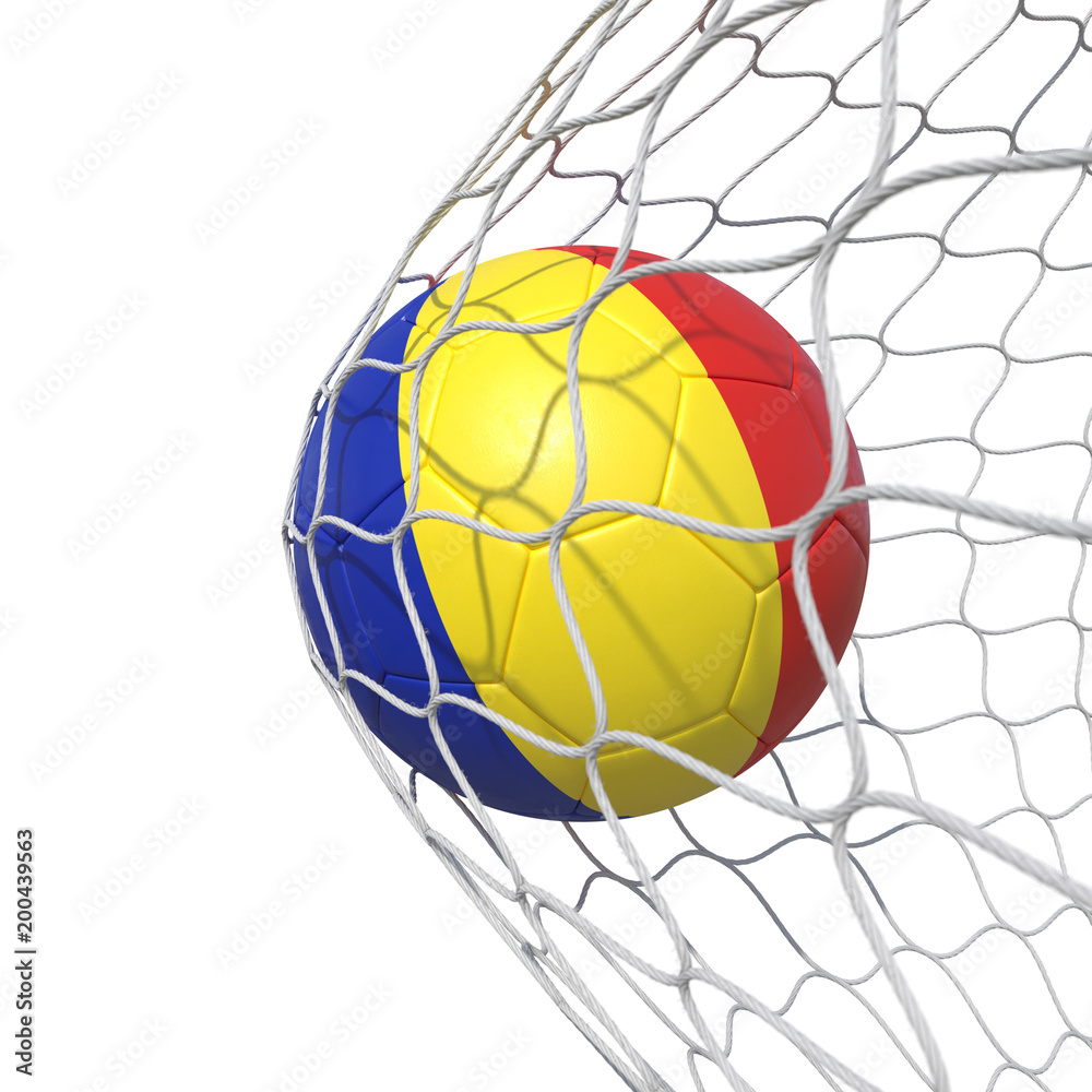 Romania Romanian Chad Chadian flag soccer ball inside the net, in a net.