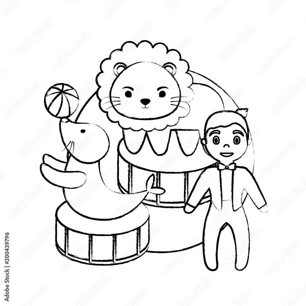 Fototapeta premium sketch of circus show with animals and announcer man over white background, vector illustration