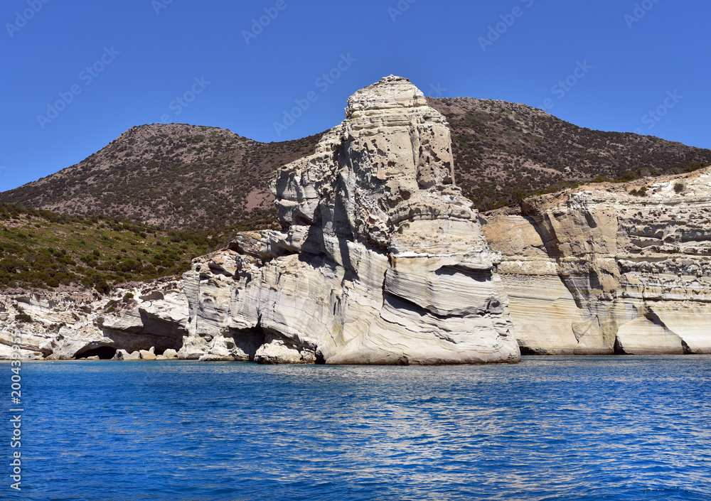 Caves and rock formations by the sea at Kleftiko area on Milos Island, Greece