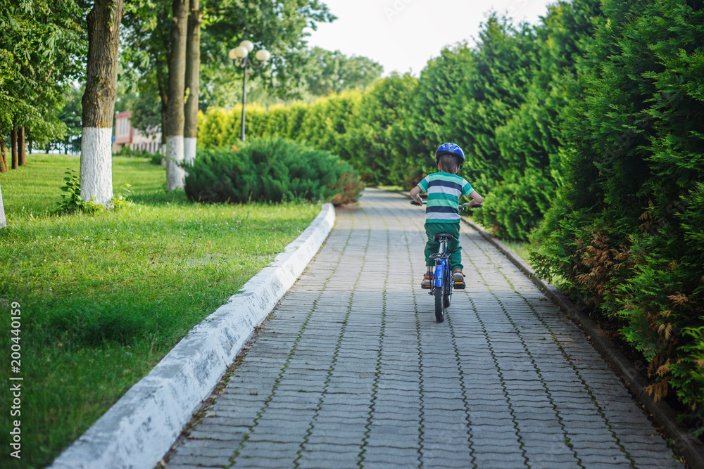 Child on a bicycle at asphalt road in summer day in park. Back view