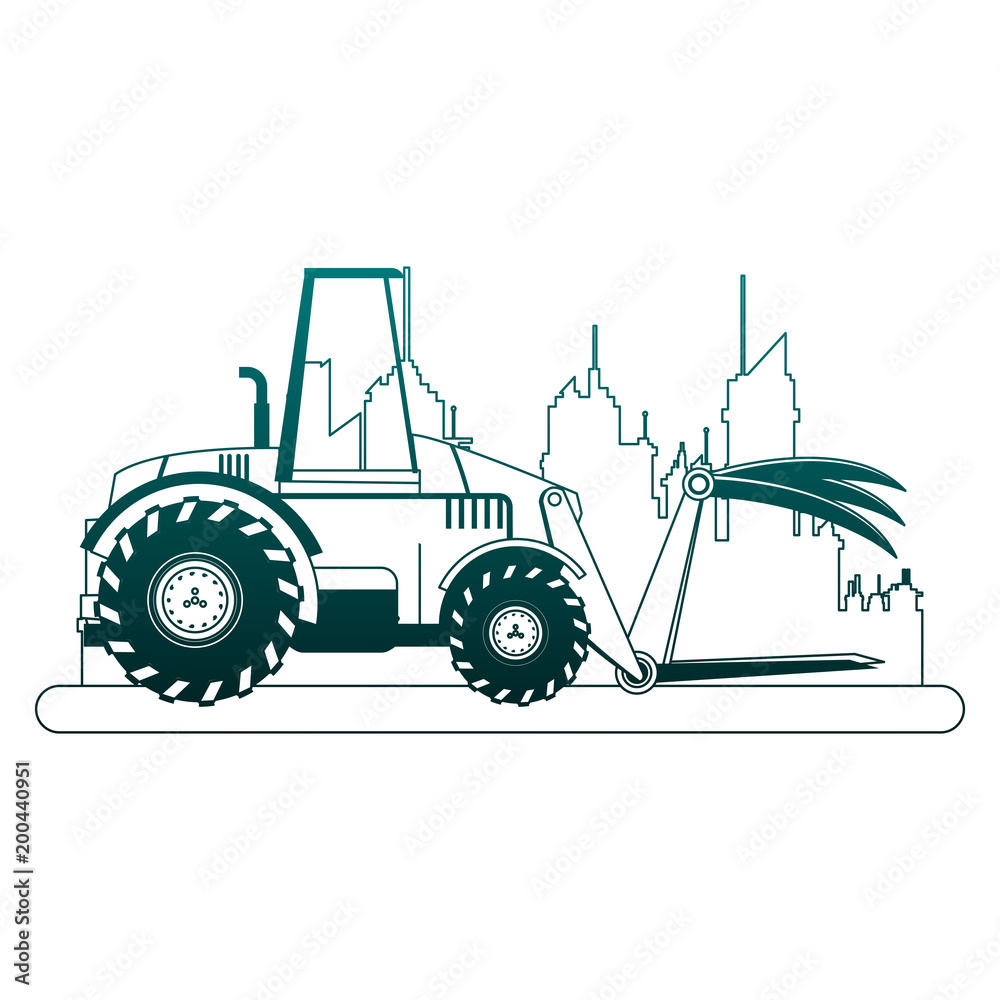 Naklejka premium Farm tractor vehicle at city over cityscape vector illustration graphic design