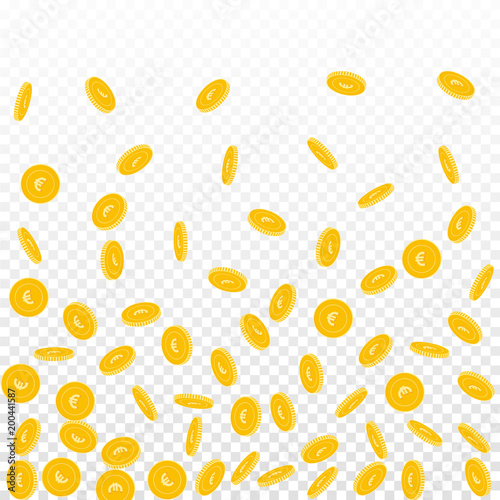European Union Euro coins falling. Scattered sparse EUR coins on transparent background. Mesmeric bottom gradient vector illustration. Jackpot or success concept.