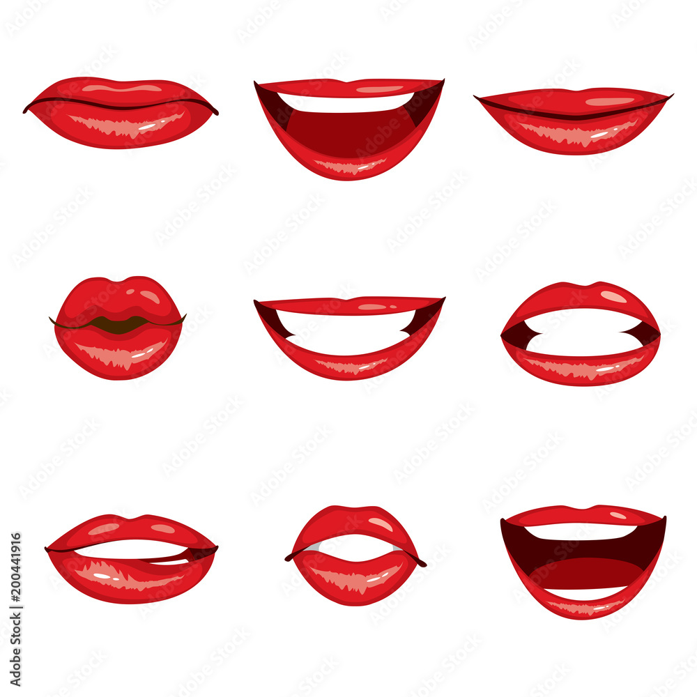 Naklejka premium Collection set of nine different red lips gesturing