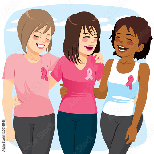 Three beautiful young friends women with pink ribbon breast cancer awareness concept