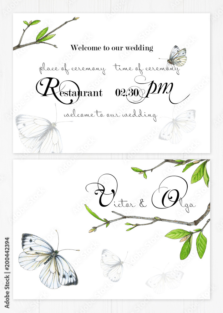 Set of two templates for greetings or invitations to the wedding in green and pink colors. Illustration by markers, a cute background of twigs with green leaves and white butterflies.