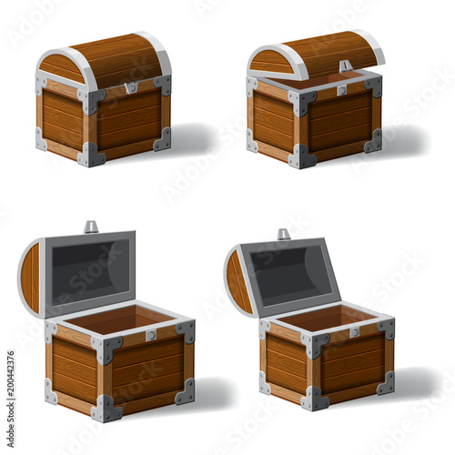 Set opened and closed antique treasure chest, set icons, game and UI elements, vector, isolated, cartoon style