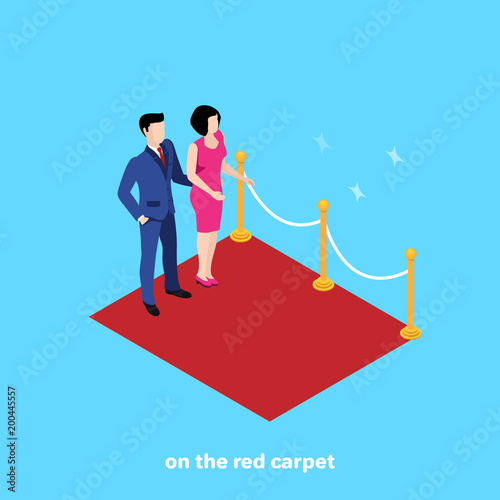 a man in a business suit and a woman in a dress stand on a red carpet, an isometric image