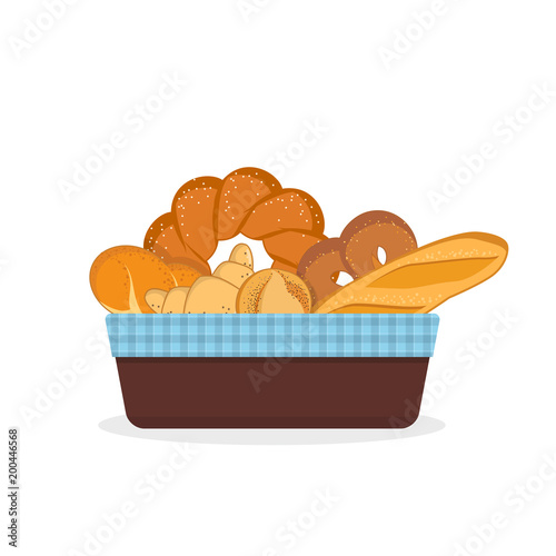Fresh bread and bakery products in basket  on white background. Vector illustration
