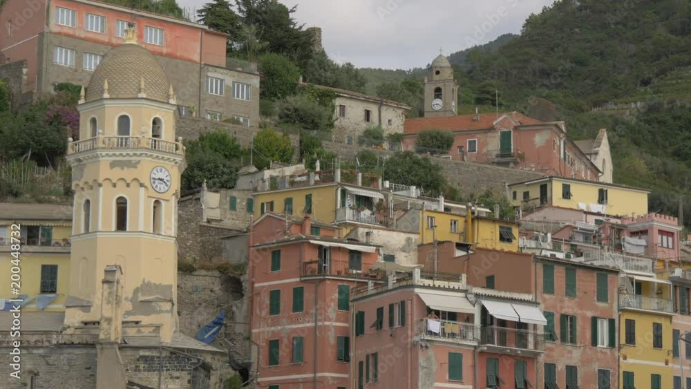 Clock towers and buildings in Vernazza Clock towers and buildings in Vernazza