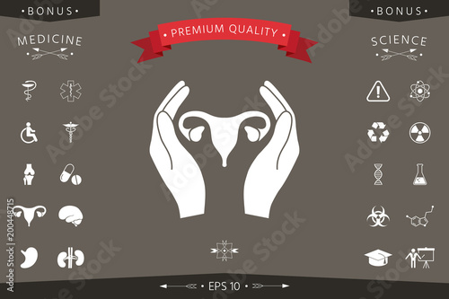 Hands holding Female uterus - protection icon