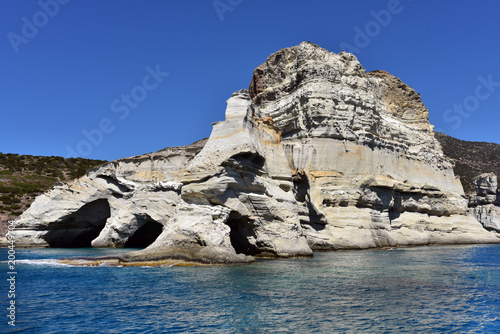 Caves and rock formations by the sea at Kleftiko area on Milos Island, Greece