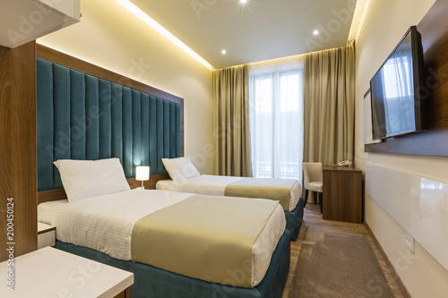 Interior of a double bed hotel bedroom