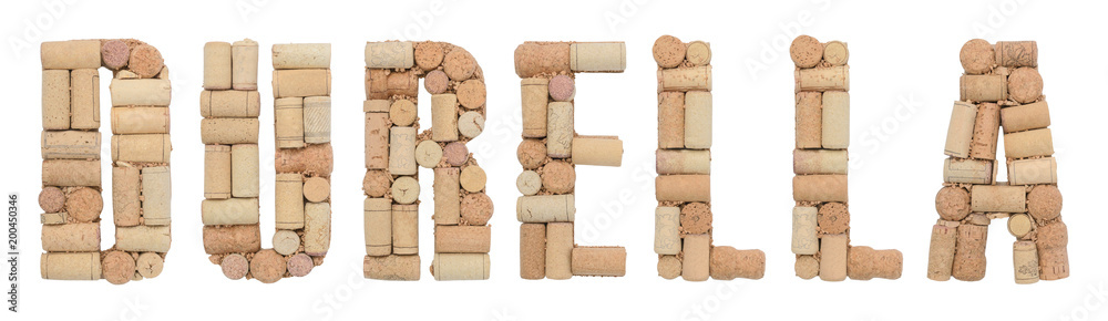 Grape variety Durella made of wine corks Isolated on white background