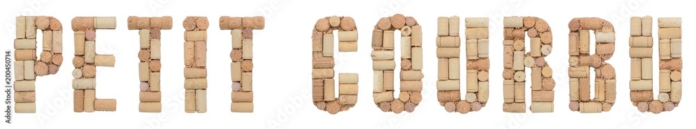 Grape variety Petit Courbu made of wine corks Isolated on white background