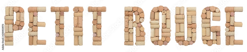 Grape variety Petit Rouge made of wine corks Isolated on white background