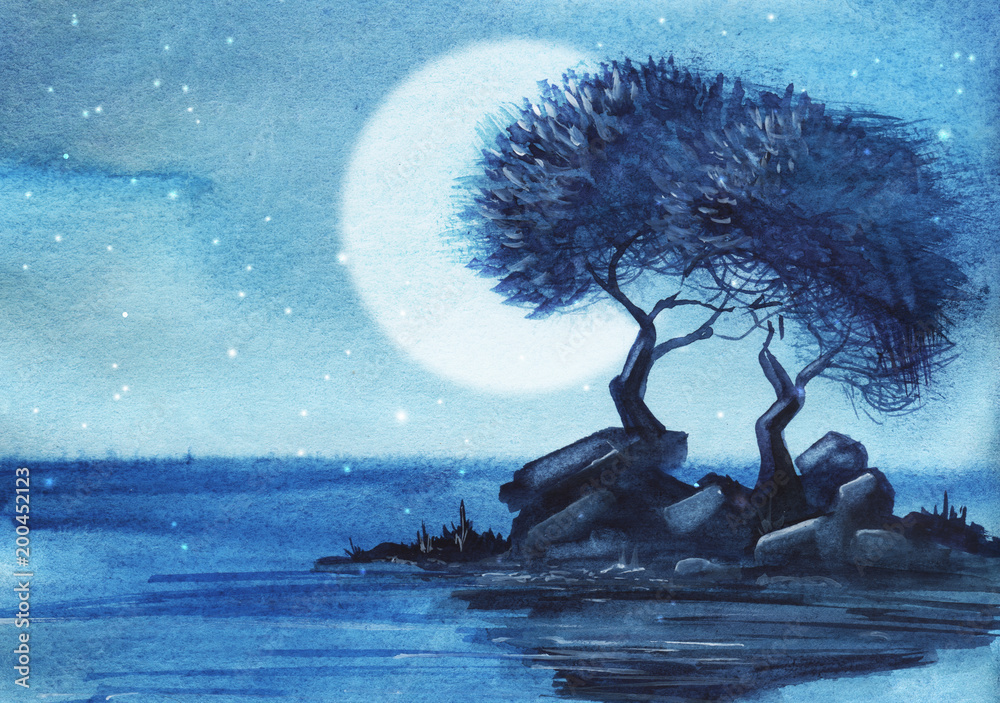 Fototapeta premium A pair of deciduous trees on a tiny rocky island. Starry moonlit night. Limited gamma gradation of blue. Hand drawn real watercolor illustration..