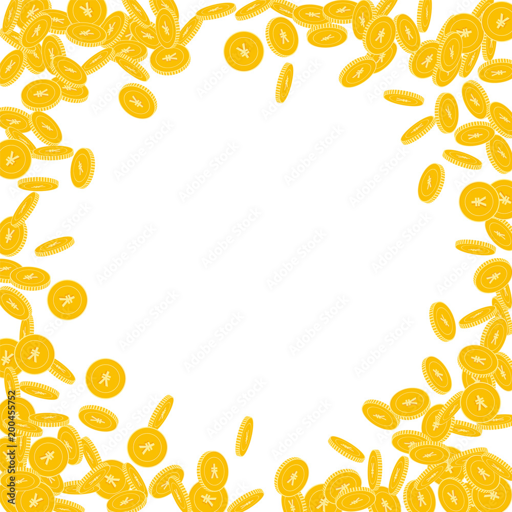 Chinese yuan coins falling. Scattered small CNY coins on white background. Emotional round random frame vector illustration. Jackpot or success concept.