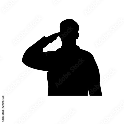 saluting soldier silhouette on white background, in black