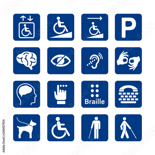 Blue square set of disability icons. Disabled icon set. Mental, physical, sensory, intellectual disability icons. photo