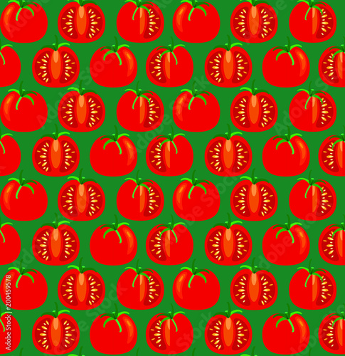 Seamless pattern with red tomato whole and in section. Vector illustration for design textiles, wallpapers, postcards, poster, labels mock-up.
