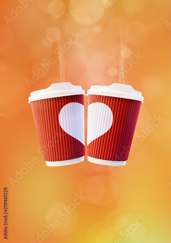 Coffee Love Poster Template. Two Red Ripple Cups with a White Heart on an Orange Background