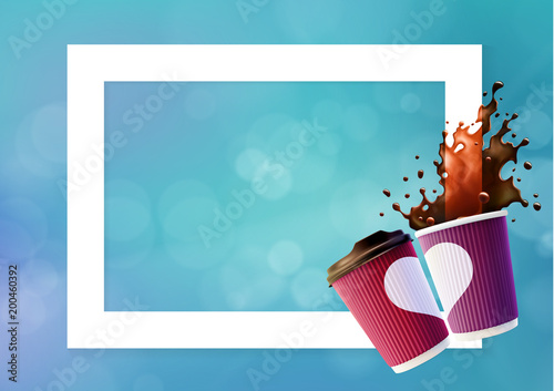 Coffee Love Frame. Pink and Violet Ripple Cups with a Coffee Splash