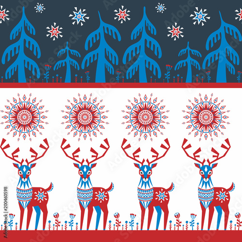 Decorative seamless pattern in folk style with reindeer image. Colorful vector background.