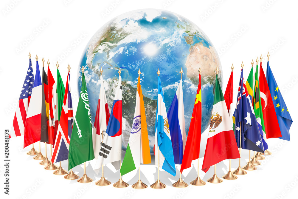 International global communication concept with flags around the Earth